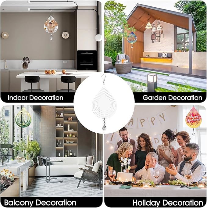Sublimation Wind Spinner Blanks 8 Inch 4 Pack Wind Spinners Sublimation Blanks with Crystal Pendant Aluminum Metal Wind Spinners for Yard Garden Indoor Outdoor Window Porch Decoration(Waterdrop