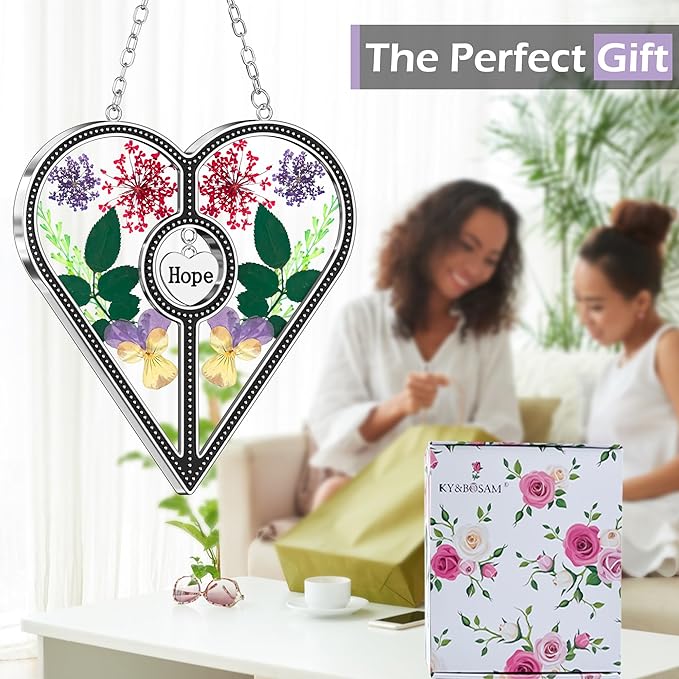 KY&BOSAM Heart Suncatcher Hope Stained Glass Panels for Windows Hangings Wind Chime with Pressed Real Flower Heart Embedded in Glass Friend Gifts- Birthday Gifts for Women Mother`s Day Christmas Decor