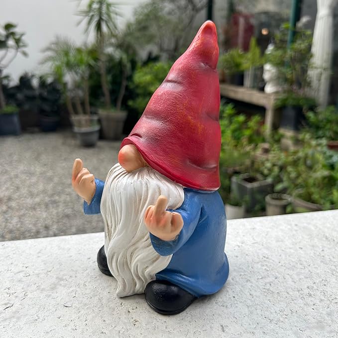 Middle Finger Gnome Statue 7.8in, Naughty Garden Gnome Statue Decoration and Lawn Ornament - Funny Garden Gnomes for Outdoor or Home Decor, Red, WSH004