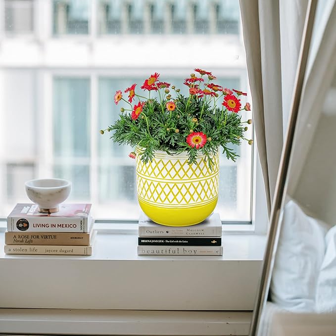 Ceramic Plant Pots, 6 + 4.7 inch Yellow Plant Pot, Flower Pots for Indoor Plants, Planter with Drainage Hole for Succulent Orchid Snake Plants Cactus