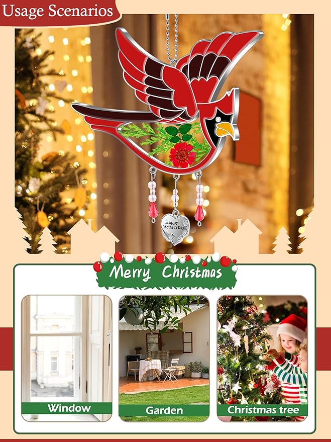 KY&BOSAM Happy Mother`s Day Cardinal Suncatcher Hand-Painted Garden Ornament Hanging Wind Chime with Pressed Flower Cardinal Embedded in Glass Gift for Mom Grandma Mother`s Day Gifts