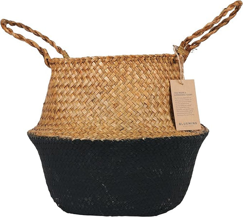 Basket Planter β Woven Seagrass Plant Pot for Tall Indoor Artificial Plants, Wicker Rattan Planters for Boho Decor 9-10 Inches (Black Bottom, Large)