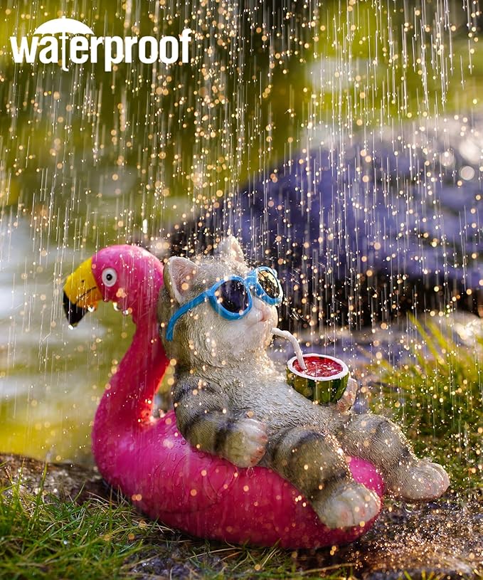 Cat Lying Flamingo Solar Statue: Outdoor Sculptures Clearance for Lawn Porch Patio Balcony Yard - Gifts for Mom Women