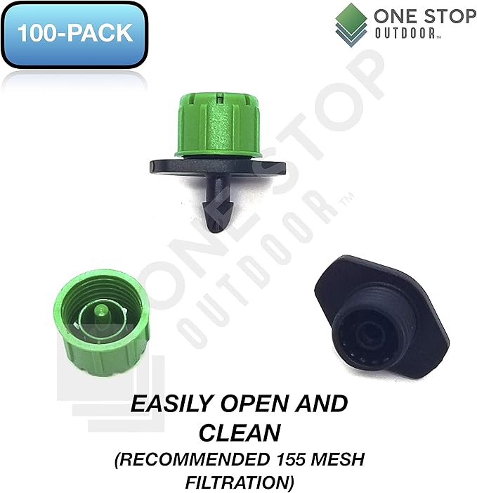 (100-PACK) - 360 Degree 1/4" Inch Universal Barbed Drip Emitter - Adjustable Flow 0-18.5 GPH Fit 1/4 (4-7mm) Drip Irrigation Tubing - Professional Grade Drippers for Drip Irrigation