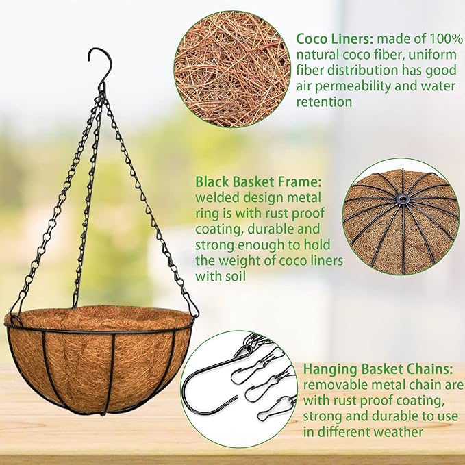 ZeeDix 3 Pack 14 Inch Metal Round Hanging Planter Basket with Coconut Liners Replacement, Hanging planters Baskets with Natural Coco Liner for Outdoor Indoor Planters Flowers Vegetables