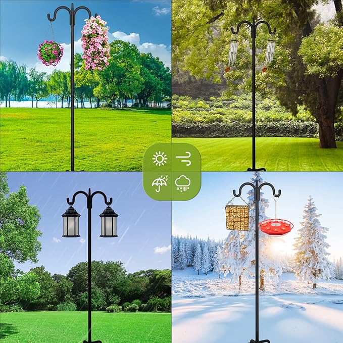 FEED GARDEN Adjustable Double Shepherds Hook for Outdoor with 5 Prong Base 76 Inch Heavy Duty Two Sided Bird Feeder Pole for Hanging Plant Baskets, Solar Light Lanterns, Wind Chimes 2 Pack