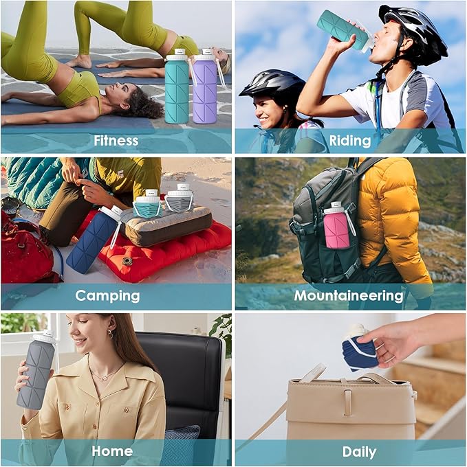 Collapsible Water Bottle Foldable Silicone Travel Water Bottle Leakproof Flexible BPA Free Portable,Folding Water Bottle Lightweight for Camping, Hiking,Sports Water Bottles Travel 23oz