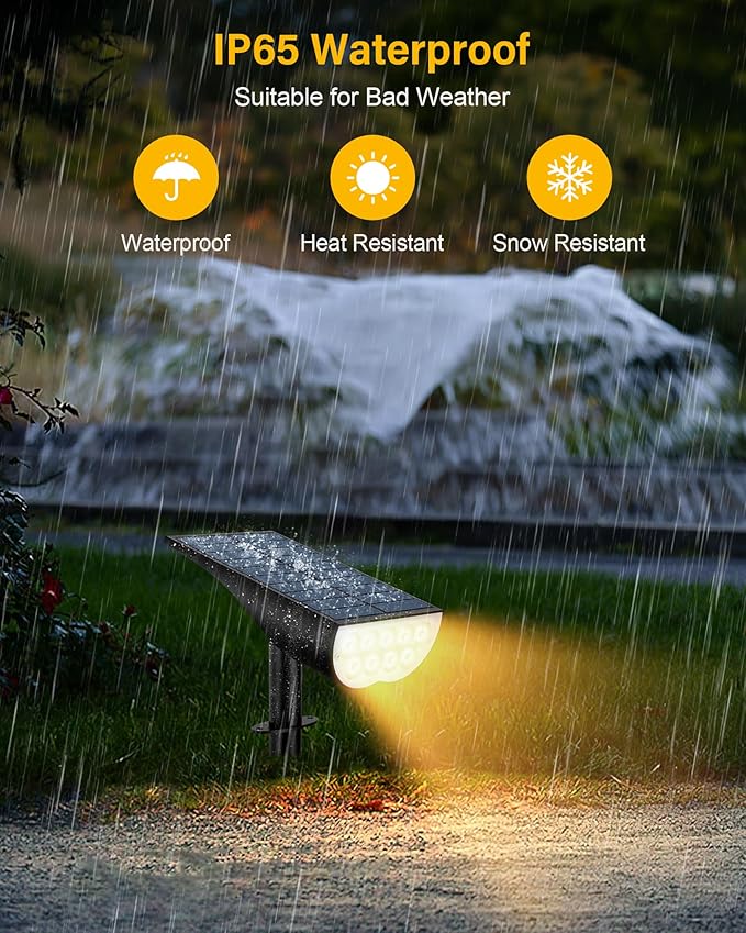 BAXIA TECHNOLOGY Solar Spot Lights Outdoor IP65 Waterproof, 3 Lighting Modes Landscape Lighting for Outside, Dusk to Dawn Solar Pathway Lights for Yard Garden Driveway, Warm White, 1 Pack