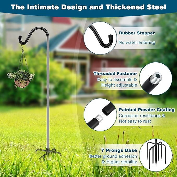 Gtongoko 2 Pack 108 Inch Tall Shepherds Hooks for Outdoor Bird Feeders, Heavy Duty Bird Feeder Pole Stand, Adjustable Hanger for Plant, Lights, Lanterns Wedding Decor with 7 Prongs Base