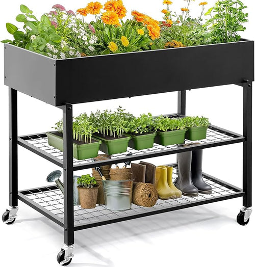 KING BIRD Raised Garden Bed with Legs & Double-Layer Storage Shelf, Galvanized Elevated Planter Box with Lockable Wheels for Backyard, Patio, Balcony, 400lb Capacity, Black, 48x24x38 in