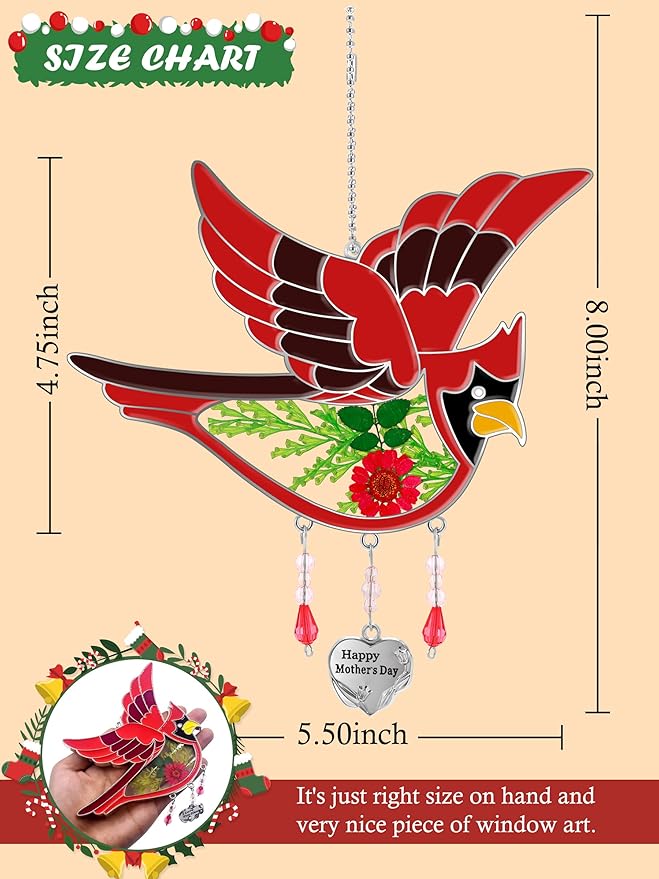 KY&BOSAM Happy Mother`s Day Cardinal Suncatcher Hand-Painted Garden Ornament Hanging Wind Chime with Pressed Flower Cardinal Embedded in Glass Gift for Mom Grandma Mother`s Day Gifts