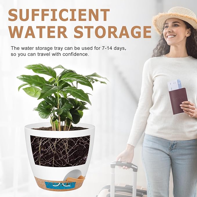 Plant Pots 8/7/6.5/6/5.5/5 Inch Self Watering Pots, Set of 6 Plastic Planters with Drainage Holes and Saucers,Plastic Flower Pots,Nursery Planting Pot for Indoor Out Door Plants(White)