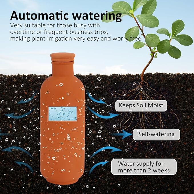 3pcs Ollas 10ร3.5ร3.5inch Terracotta Watering Pots Self Watering Planter Watering System 30.5oz Plant Watering Globes Clay Watering Pot with lid Terra Cotta Clay Irrigation Globes