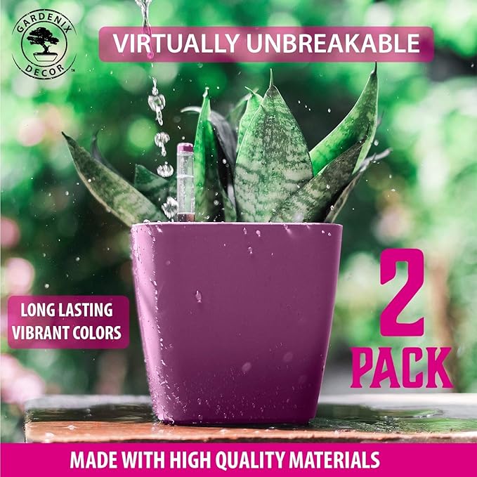 GARDENIX DECOR 5" Self Watering pots for Indoor Plants - Flower Pot with Water Level Indicator for Plants, Grow Tracking Tool - Self Watering Planter Plant Pot – 2 Pack Purple