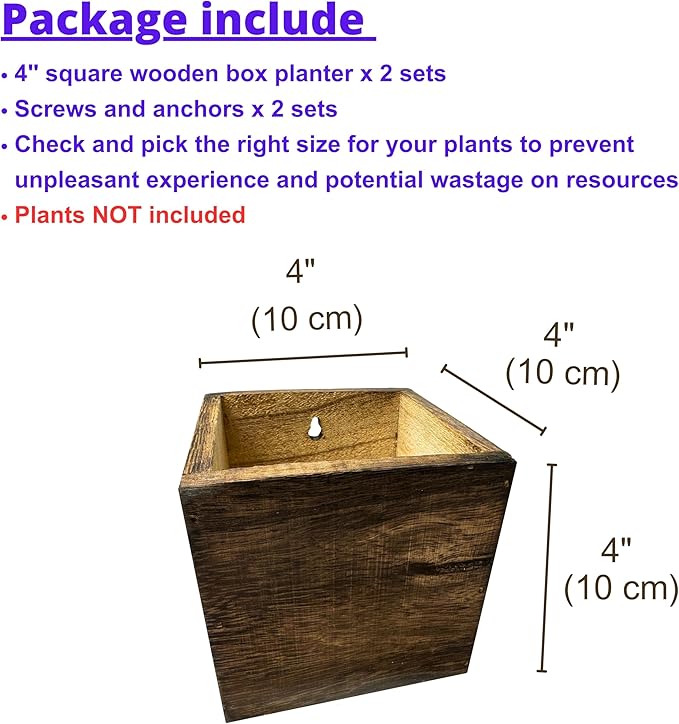 LaLaGreen Wood Planter Box for Plants (2 Pack, 4x4 Inch) Small Square Wall Planters for Indoor Plant, Window Hanging Flower Pot Wooden Boxes for Table Centerpiece Herb Balcony Home Garden Office Decor