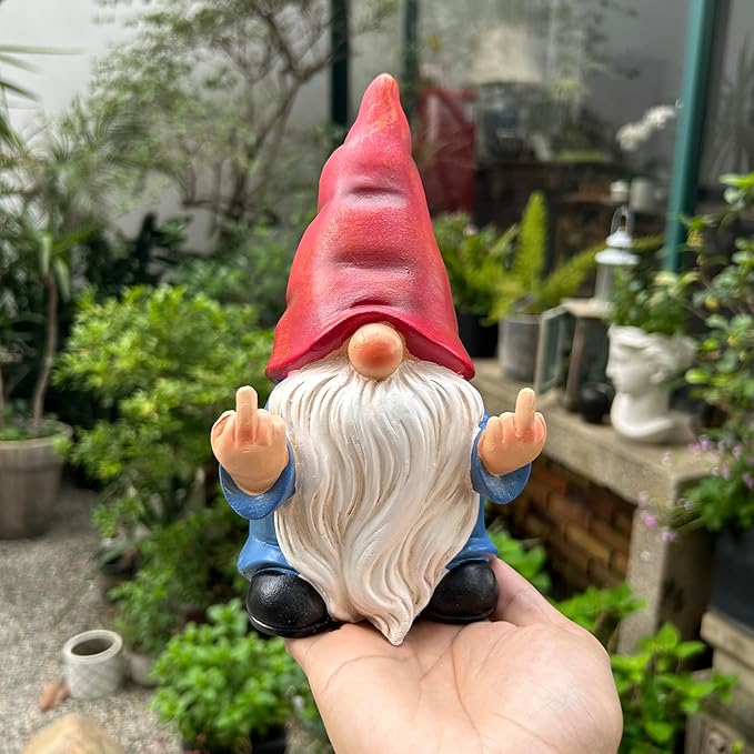 Middle Finger Gnome Statue 7.8in, Naughty Garden Gnome Statue Decoration and Lawn Ornament - Funny Garden Gnomes for Outdoor or Home Decor, Red, WSH004