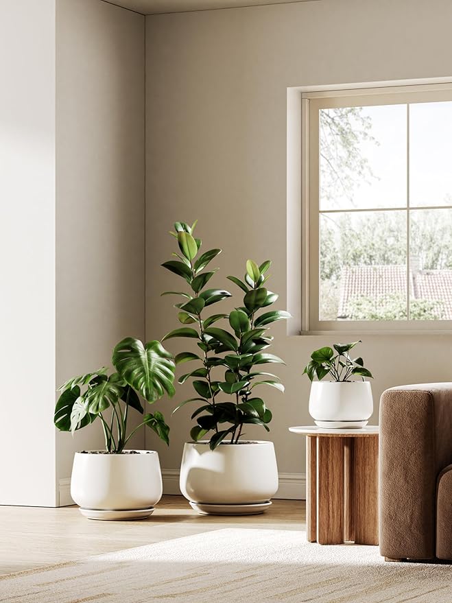 LE TAUCI Ceramic Plant Pots, Set of 2, 10 Inch 12 Inch Planters for Indoor Plants, Elegant Decorative Flower Pot, Sturdy Large Planter with Drainage Tray, Suitable for Porch, White