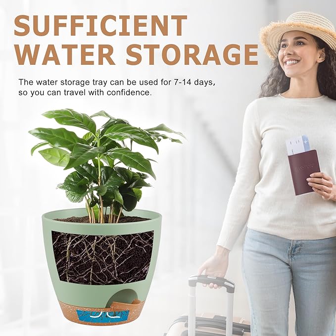 Plant Pots 8/7/6.5/6/5.5/5 Inch Self Watering Pots, Set of 6 Plastic Planters with Drainage Holes and Saucers,Plastic Flower Pots,Nursery Planting Pot for Indoor Out Door Plants(Green)