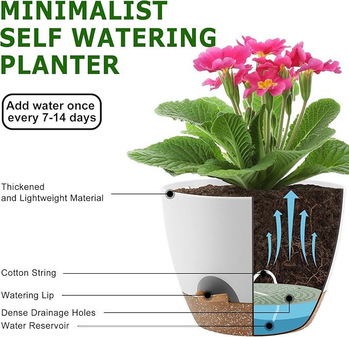 Plant Pots 10/9/8 Inch Self Watering Pots, Set of 3 Plastic Planters with Drainage Holes and Saucers,Plastic Flower Pots,Nursery Planting Pot for Indoor Out Door Plants(White)