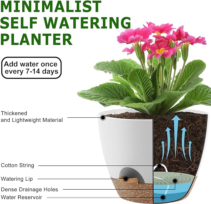 Plant Pots 10/9/8/7.5/7 Inch Self Watering Pots, Set of 5 Plastic Planters with Drainage Holes and Saucers,Plastic Flower Pots,Nursery Planting Pot for Indoor Out Door Plants(White)
