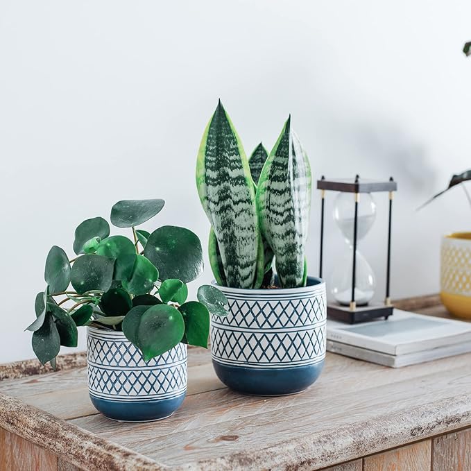 Ceramic Plant Pots, 6 + 4.7 inch Blue Plant Pot, Flower Pots for Indoor Plants, Planter with Drainage Hole for Succulent Orchid Snake Plants Cactus