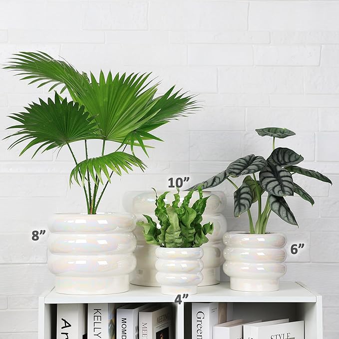 5.7 Inch +4.1 inch 2 pcs Ceramic Plant Pots for Indoor Plants, Rainbow Pearl Glaze Planter with Planters for Plants with Drainage Hole, Orchid Pots, Succulent Pot, Flower Pot (White)