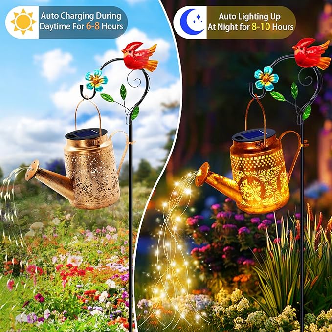 Solar Lights Outdoor Garden Decor, Cardinals Hanging Waterproof Watering Can Lights Outside Decorations for Yard Front Porch Patio Backyard Gift for Mom Grandma Women Birthday (with Shepherd Hook)