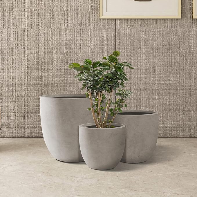 Kante 18",14",10" Dia Concrete Round Planters (Set of 3), Outdoor Indoor Large Planter Pots with Drainage Hole and Rubber Plug for Home Patio Garden, Weathered Concrete