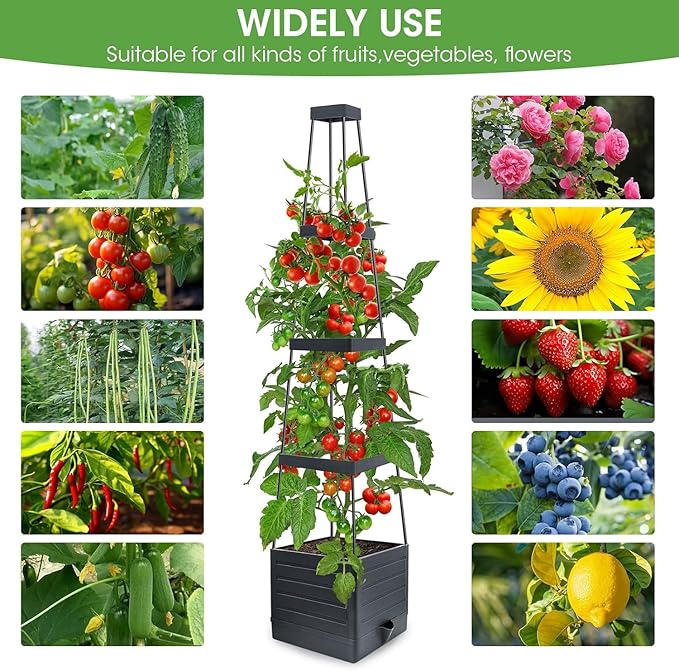 Raised Garden Bed Planter Box with Trellis, 58โ Tomato Cage Planter Raised Garden Bed with Trellis for Climbing Vegetables Plants Tomato Cage w/Self-Watering, Indoor Outdoor Use (4)