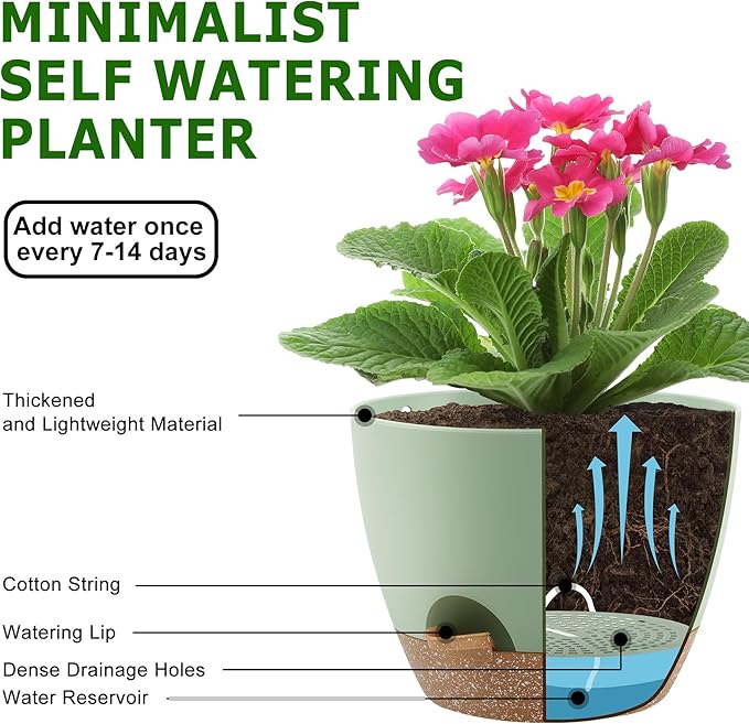 Plant Pots 10/9/8 Inch Self Watering Pots, Set of 3 Plastic Planters with Drainage Holes and Saucers,Plastic Flower Pots,Nursery Planting Pot for Indoor Out Door Plants(Green)