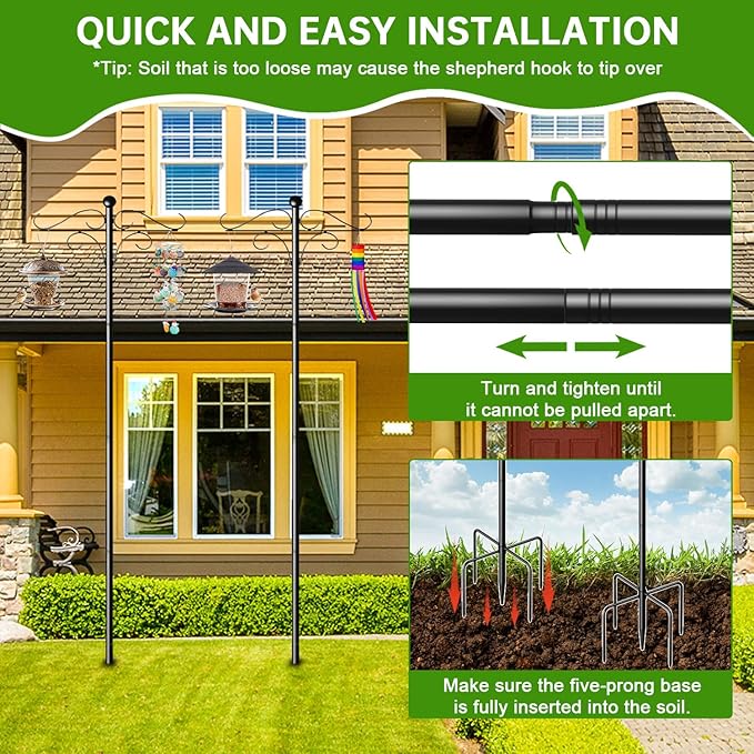 Shepherds Hooks for Outdoor, 108 Inch Heavy Duty Bird Feeder Pole with 5 Prongs Base, Adjustable Shepherds Hook for Hanging Birdhouses, Lanterns, Plant Baskets, Wind Chimes