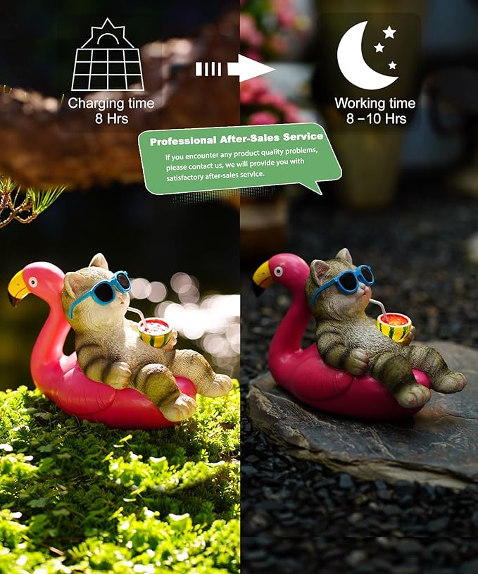 Cat Lying Flamingo Solar Statue: Outdoor Sculptures Clearance for Lawn Porch Patio Balcony Yard - Gifts for Mom Women