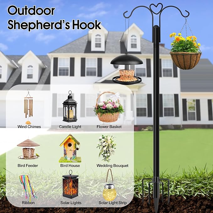 Ottsuls Bird Feeder Pole, 2 Pack 76 INCH Double Shepherds Hooks for Outdoor, with 5 Base Prongs Heavy Duty Tall Garden Planter Hooks for Hanging Flower Basket, Lantern, Hummingbird Feeder