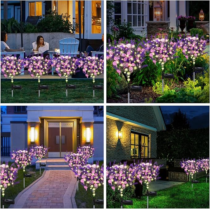 Solar Garden Lights Outdoor, 2 Pack Purple Lavender Solar Butterfly Lights Gardening Gifts for Women, Purple Solar Artificial Flower with Butterfly Purple Garden Decor for Lawn Patio-Warm White
