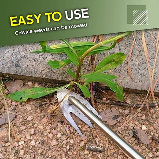 Amposei Stainless Steel Multifunctional Weeder, Hand Weeder Tool Stand Up Weed Puller Tool with Long Handle, V-Shaped Light Duty Hand Weeder for Lawn Garden Yard Farmland Weed Removal (Wood Handle)