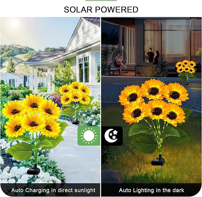 YJFWAL Solar Sunflower Lights 4 Pack with 24 Head Sunflower Outdoor Decorative Lights for Garden Gift for Mom and Friends, IP65 Waterproof Sunflower Garden Stake Lights for Yard Patio Lawn Pathway