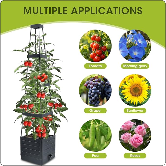 MQFORU Raised Garden Bed, 57" Tomato Planter with Trellis, Tomato Cages for Climbing Vegetables Plant, Self Watering Tomato Support Box for Garden Pots, Use for Patios Greenhouse Indoor Outdoor(1Pc)