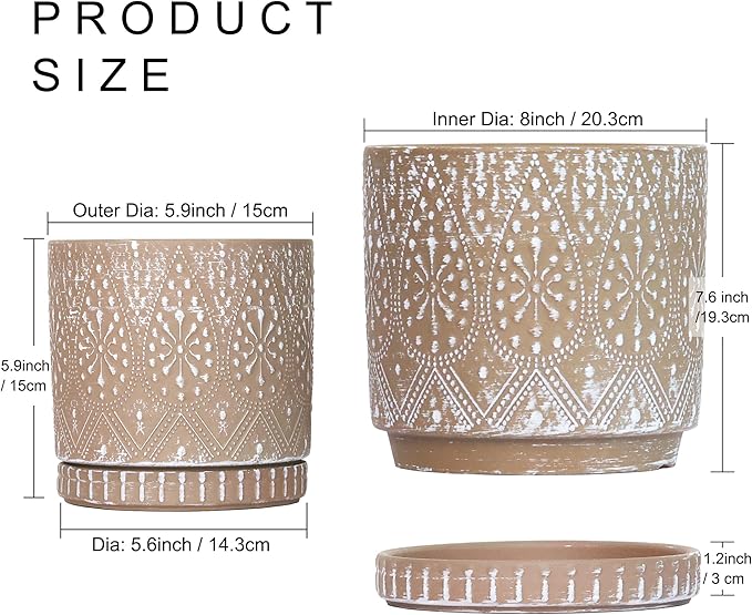 8 Inch + 6 Inch Plant Pot with Drainage Holes and Saucers, Indoor Ceramic Planter for Plants Succulent Orchid Flower Pots
