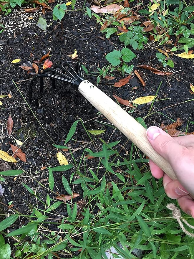 Garden Guru Hand Rake Cultivator Claw Soil Tiller - Military Grade Steel - Rust Resistant - 5 Tine Japanese Ninja Claw - Comfortable Wood Handle - Perfect Pulverized and Aerated Soil (4 Pack)