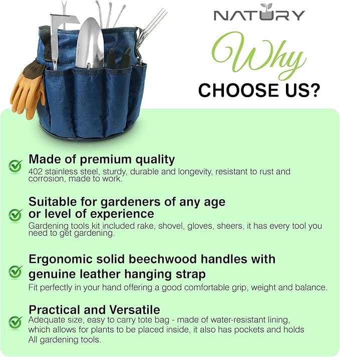 Garden Tools Set β Premium Stainless Steel Gardening Hand Tools with Solid Beechwood Handle β Gardening Kit with Rake, Shovel, Gloves, Shears, Tool Organizer β Garden Gifts for Women and Men