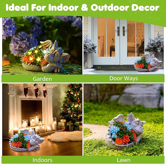 Solar Dragon Statue with Succulent Lights - Dragon Garden Sculptures & Statues,Garden Decor for Outdoor Yard Art Ornaments 9.1inch (Gray)