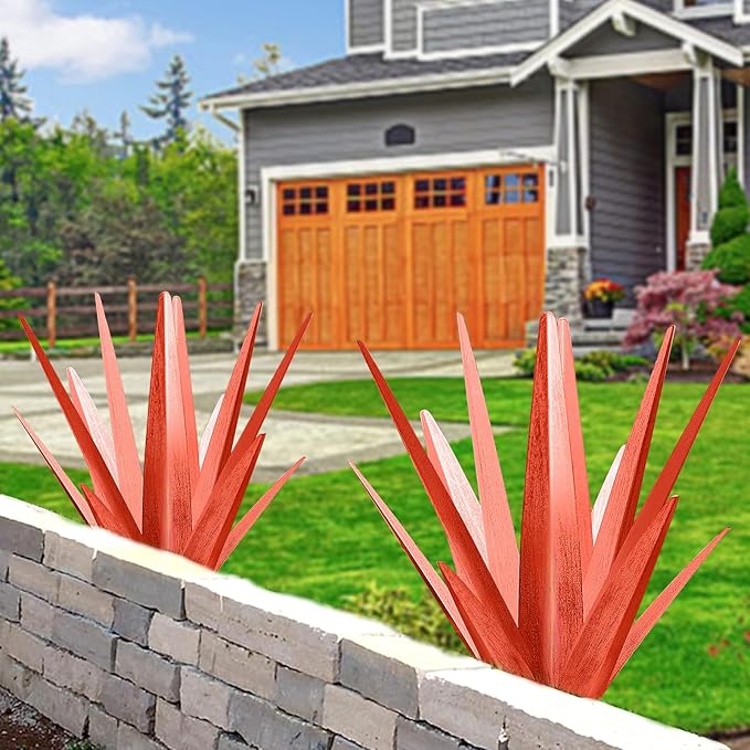 Enlarge Metal Plants Tequila Rustic Sculpture, Outdoor Patio Yard, Home Decor Hand Painted Agave Garden Statue, Outdoor Lawn Ornaments Yard Stakes for Mom Gift (1 RED Large)