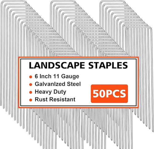 Landscape Staples, 50 Pcs Galvanized Garden Stakes, U-Shaped Tent Stakes, 6 Inch 11 Gauge Plant Cover Stakes, Anti-Rust Ground Sod Pins Yard Stakes for Landscape Weed Barrier Irrigation Tubing