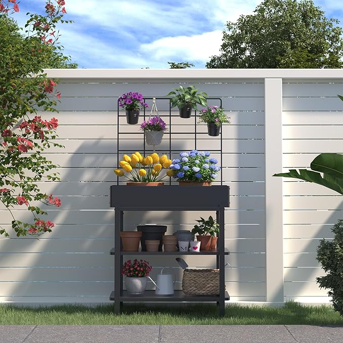 Elevated Planter Box with Trellis Raised Garden Bed with Legs Outdoor Standing Flower Beds for Patio Vegetable Herb