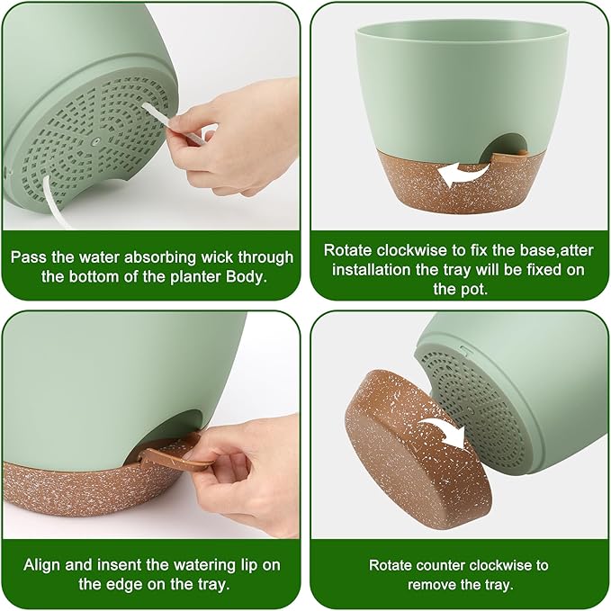 Plant Pots 10/9/8 Inch Self Watering Pots, Set of 3 Plastic Planters with Drainage Holes and Saucers,Plastic Flower Pots,Nursery Planting Pot for Indoor Out Door Plants(Green)