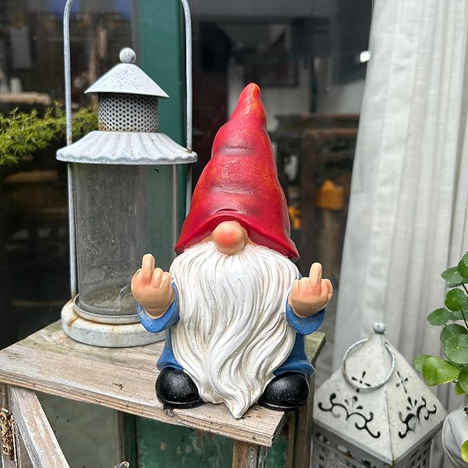 Middle Finger Gnome Statue 7.8in, Naughty Garden Gnome Statue Decoration and Lawn Ornament - Funny Garden Gnomes for Outdoor or Home Decor, Red, WSH004