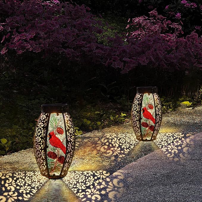 Outdoor Solar Lantern-Waterproof Cardinal Hanging Metal Decorative Lights for Patio Table Garden Pathway Yard with Super Bright Warm White LED, Large Solar Panels, Auto On/Off Sensor