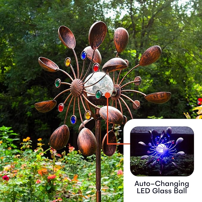 SteadyDoggie 75-Inch Wind Spinners Jewel Cup - Solar-Powered with Multi-Color LED Glass Ball - Metal Kinetic Windmill for Dual Wind Direction - Easy to Assemble Garden and Outdoor Yard Decorations