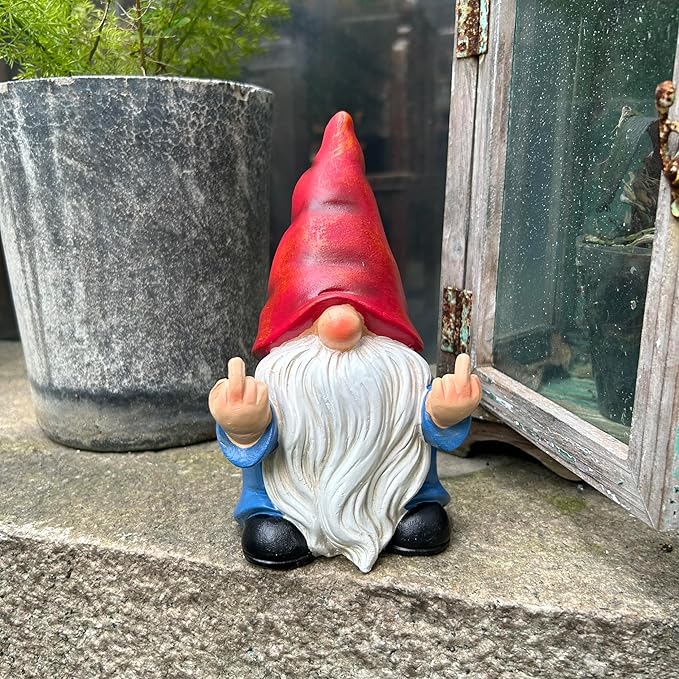 Middle Finger Gnome Statue 7.8in, Naughty Garden Gnome Statue Decoration and Lawn Ornament - Funny Garden Gnomes for Outdoor or Home Decor, Red, WSH004