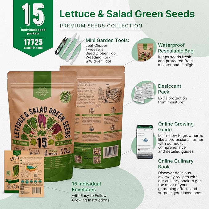 Organo Republic 15 Lettuce & Salad Greens Seeds Variety Pack 17700+ Non-GMO Heirloom Lettuce Seeds for Indoors & Outdoors Garden, Hydroponics, Aerogarden - Arugula, Kale, Spinach, Swiss Chard, Lettuce